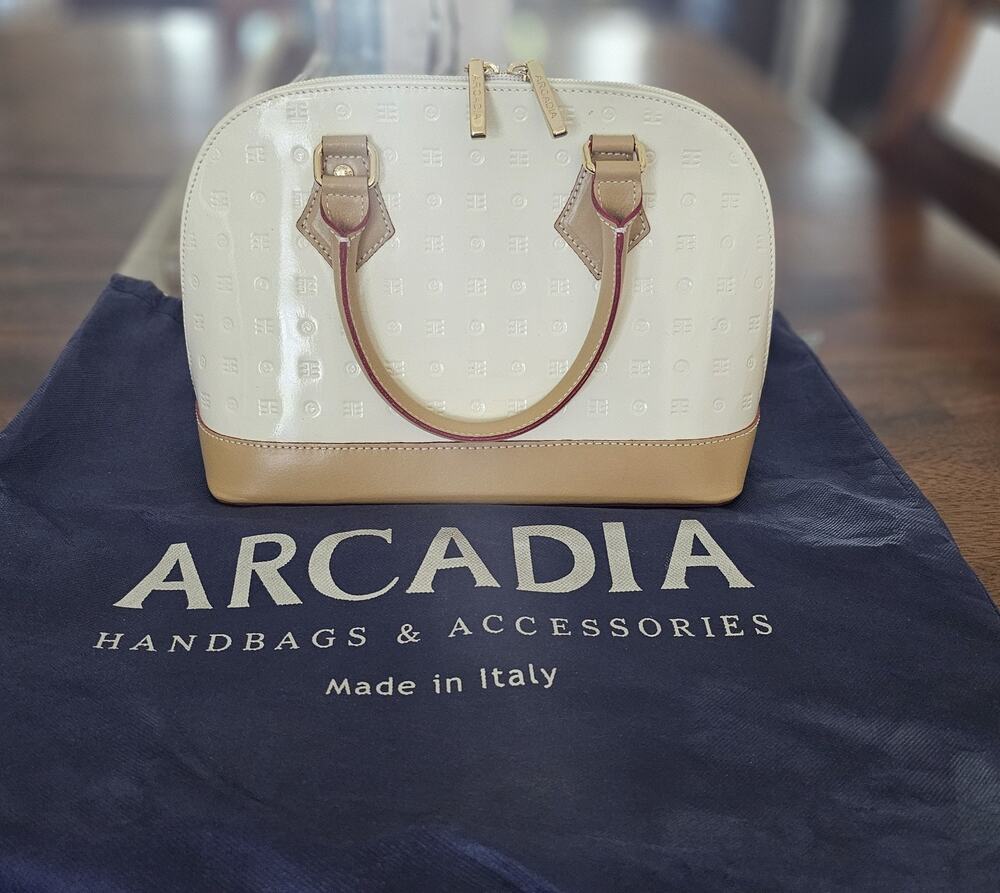 Arcadia Italy Patent Leather Dome Satchel Bag Ice Natural Tan 3874